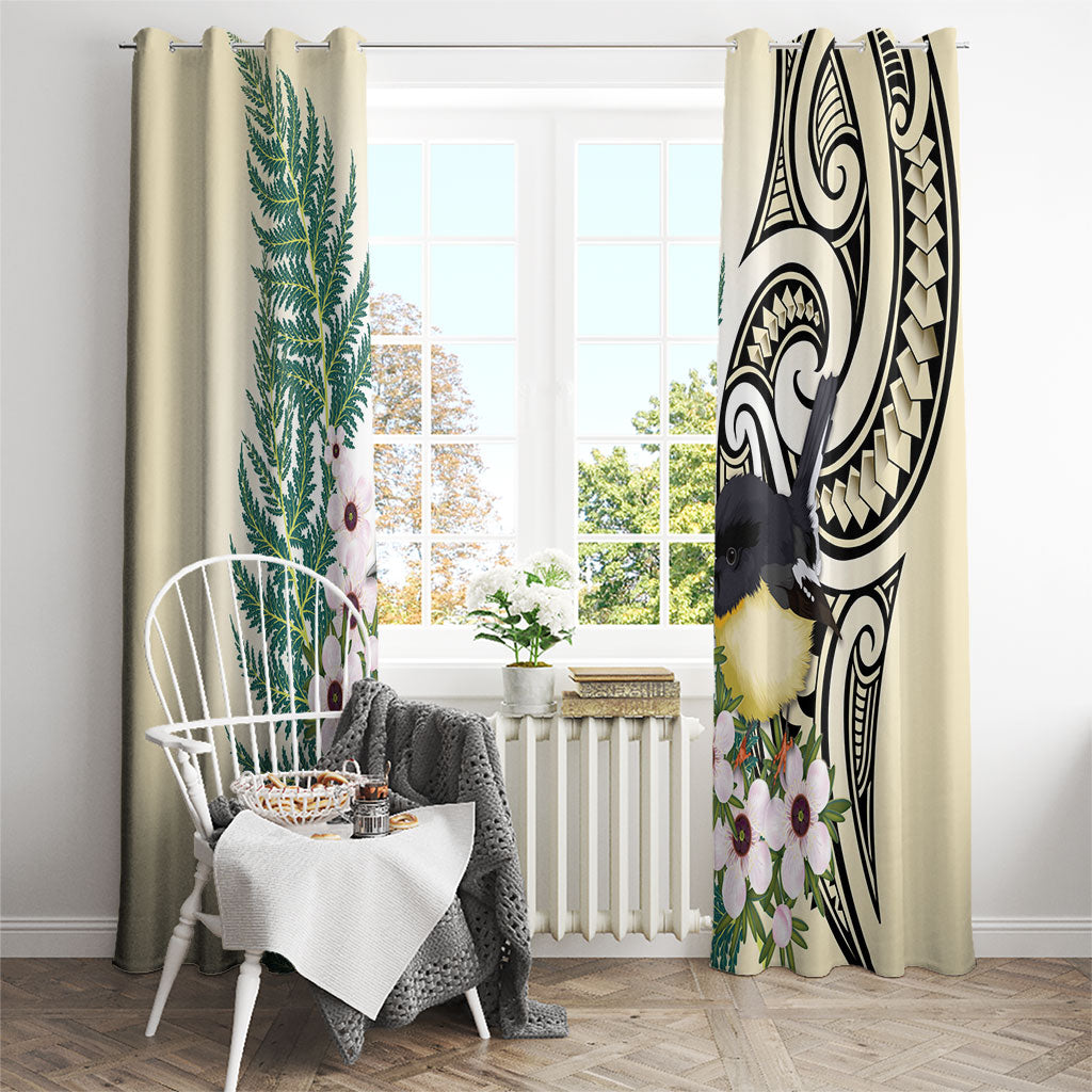 Endemic Tomtit New Zealand Window Curtain Miromiro Manuka Silver Fern Maori Pattern