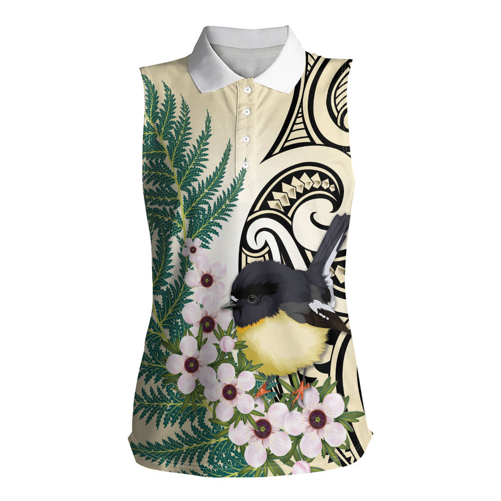 Endemic Tomtit New Zealand Women Sleeveless Polo Shirt Miromiro Manuka Silver Fern Maori Pattern
