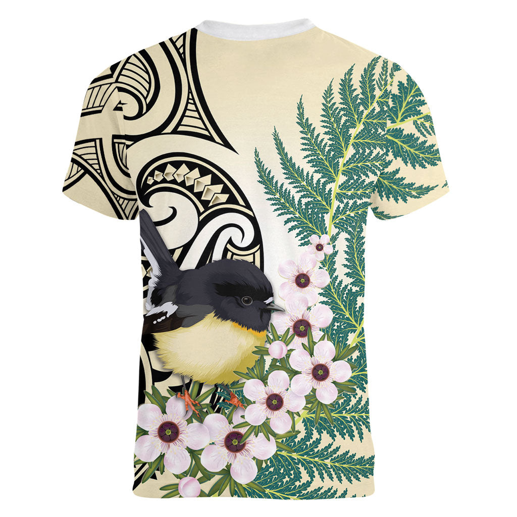 Endemic Tomtit New Zealand Women V-Neck T-Shirt Miromiro Manuka Silver Fern Maori Pattern LT14 - Polynesian Pride