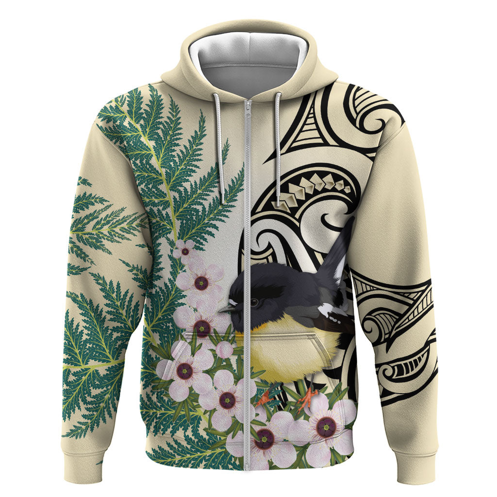 Endemic Tomtit New Zealand Zip Hoodie Miromiro Manuka Silver Fern Maori Pattern