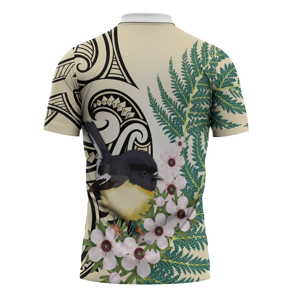 Endemic Tomtit New Zealand Zipper Polo Shirt Miromiro Manuka Silver Fern Maori Pattern