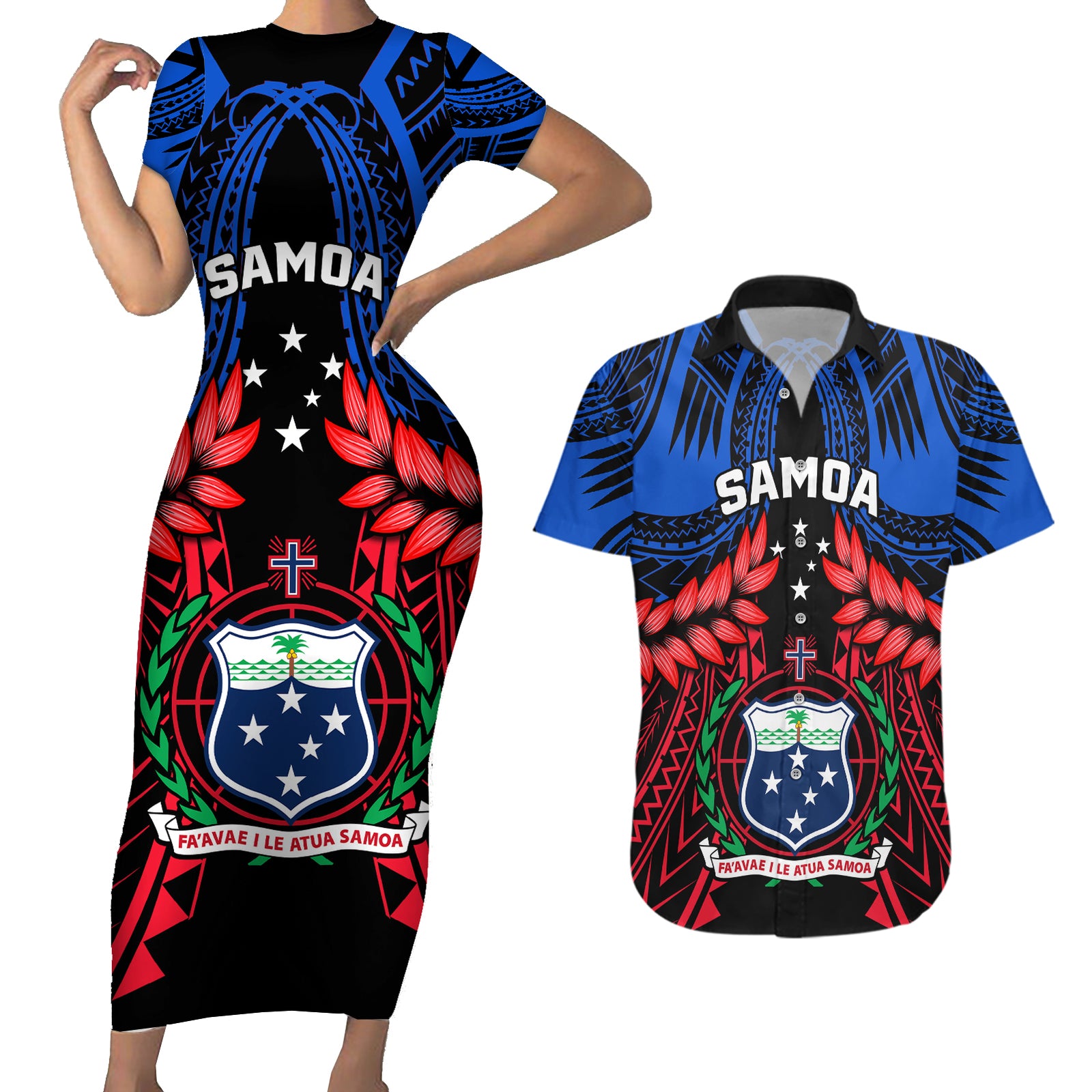 Samoa Couples Matching Short Sleeve Bodycon Dress and Hawaiian Shirt Heritage Festival Samoan Tattoo With Ula Fala Kava Bowl LT14 Blue - Polynesian Pride