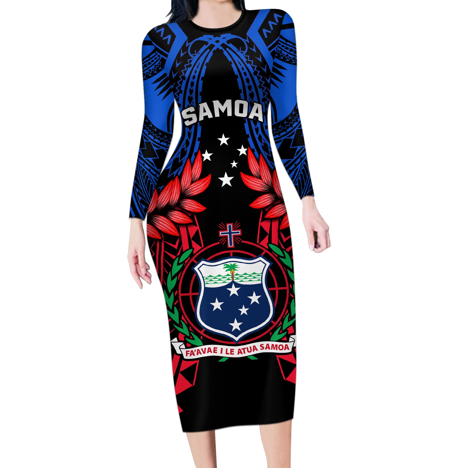 Samoa Long Sleeve Bodycon Dress Heritage Festival Samoan Tattoo With Ula Fala Kava Bowl LT14 Long Dress Blue - Polynesian Pride