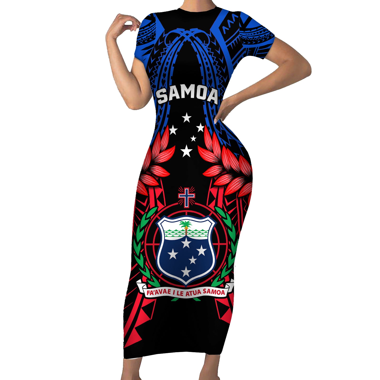 Samoa Short Sleeve Bodycon Dress Heritage Festival Samoan Tattoo With Ula Fala Kava Bowl LT14 Long Dress Blue - Polynesian Pride