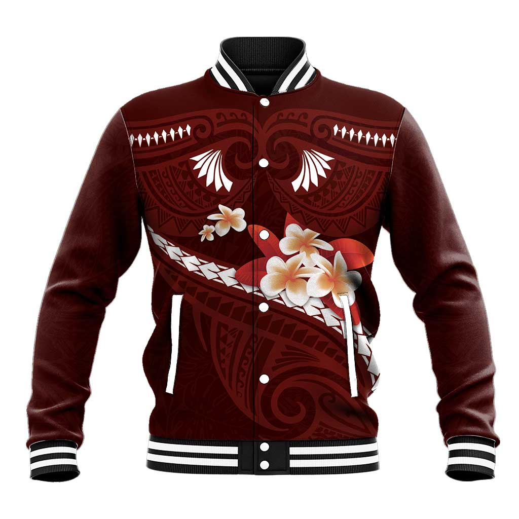 Oxblood Polynesia Baseball Jacket Tribal Pattern Tropical Frangipani