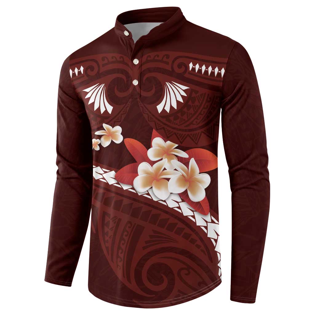 Oxblood Polynesia Button Sweatshirt Tribal Pattern Tropical Frangipani