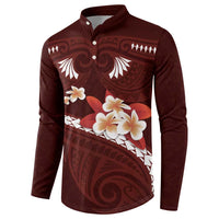 Oxblood Polynesia Button Sweatshirt Tribal Pattern Tropical Frangipani