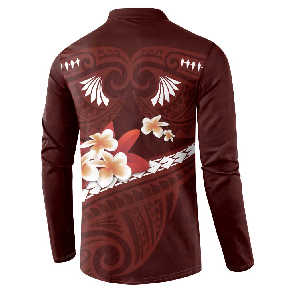 Oxblood Polynesia Button Sweatshirt Tribal Pattern Tropical Frangipani