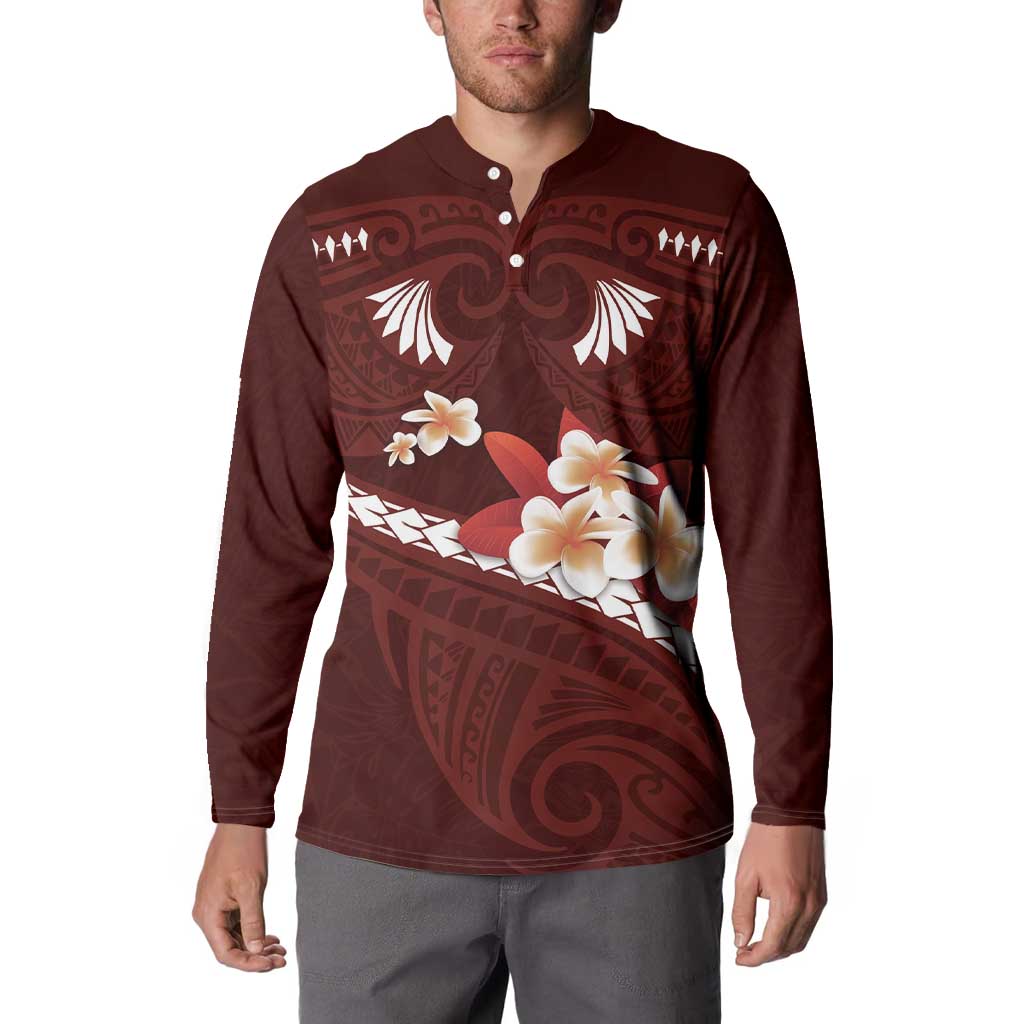 Oxblood Polynesia Button Sweatshirt Tribal Pattern Tropical Frangipani