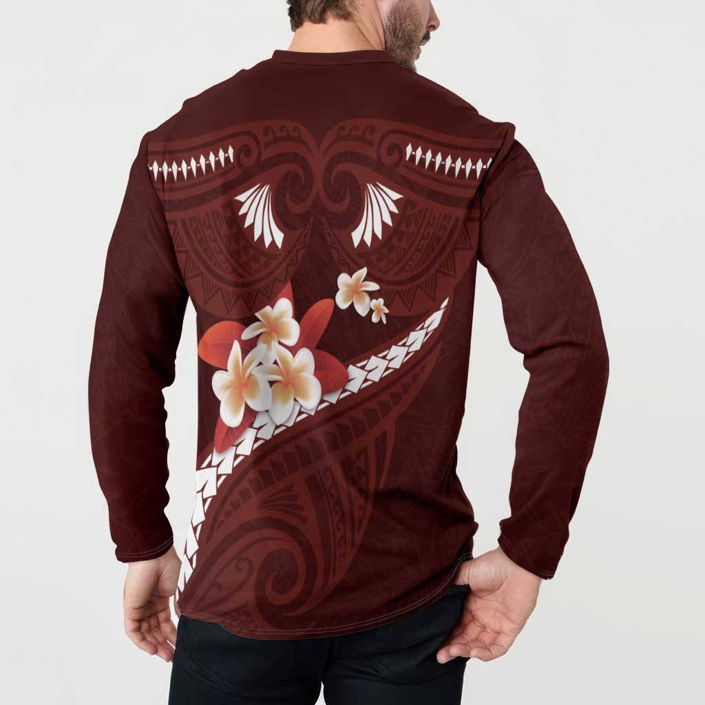 Oxblood Polynesia Button Sweatshirt Tribal Pattern Tropical Frangipani