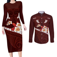 Oxblood Polynesia Couples Matching Long Sleeve Bodycon Dress and Long Sleeve Button Shirt Tribal Pattern Tropical Frangipani