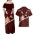 Oxblood Polynesia Couples Matching Off Shoulder Maxi Dress and Hawaiian Shirt Tribal Pattern Tropical Frangipani