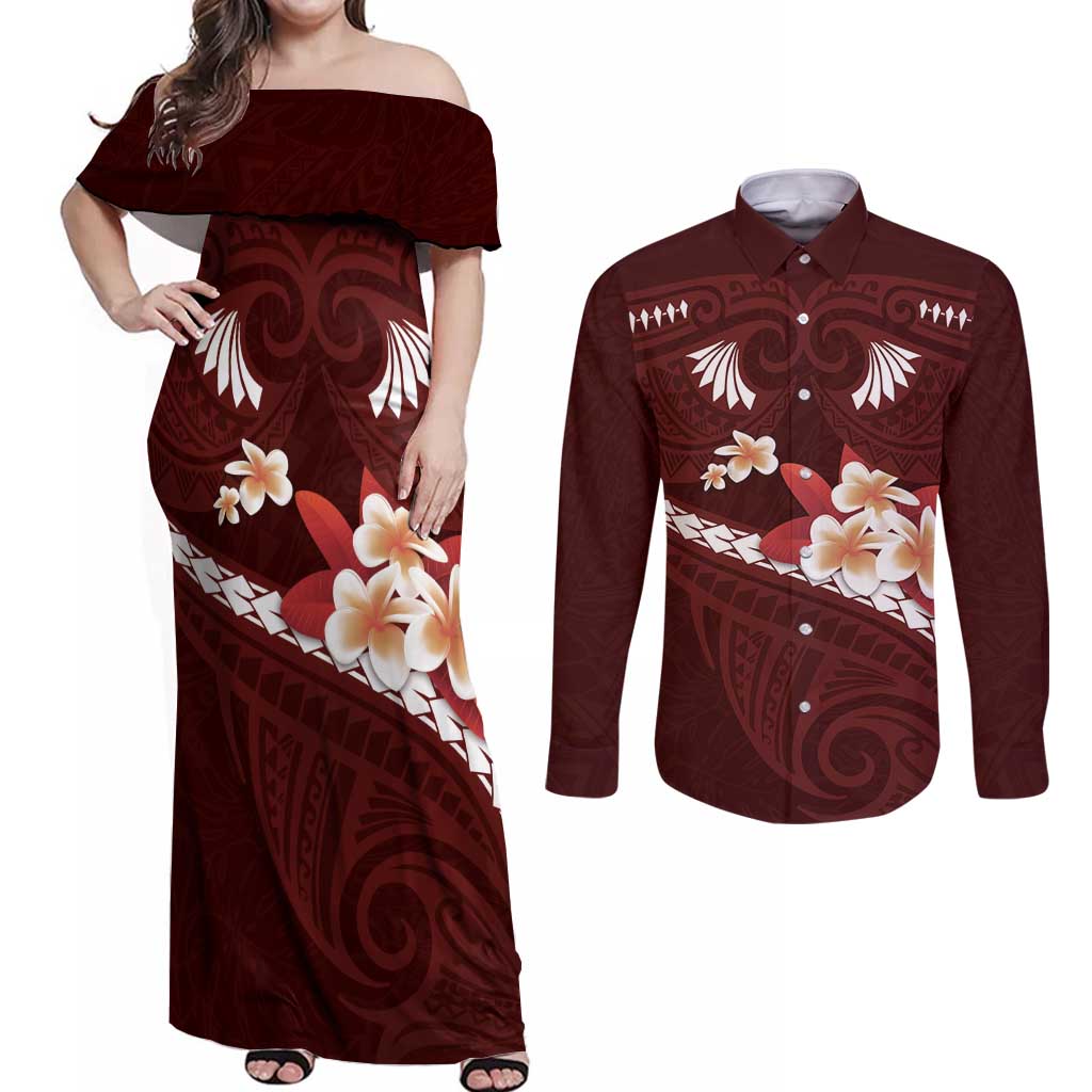 Oxblood Polynesia Couples Matching Off Shoulder Maxi Dress and Long Sleeve Button Shirt Tribal Pattern Tropical Frangipani