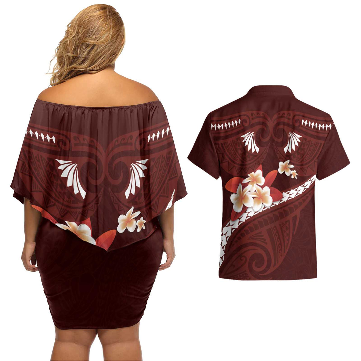 Oxblood Polynesia Couples Matching Off Shoulder Short Dress and Hawaiian Shirt Tribal Pattern Tropical Frangipani