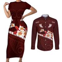 Oxblood Polynesia Couples Matching Short Sleeve Bodycon Dress and Long Sleeve Button Shirt Tribal Pattern Tropical Frangipani