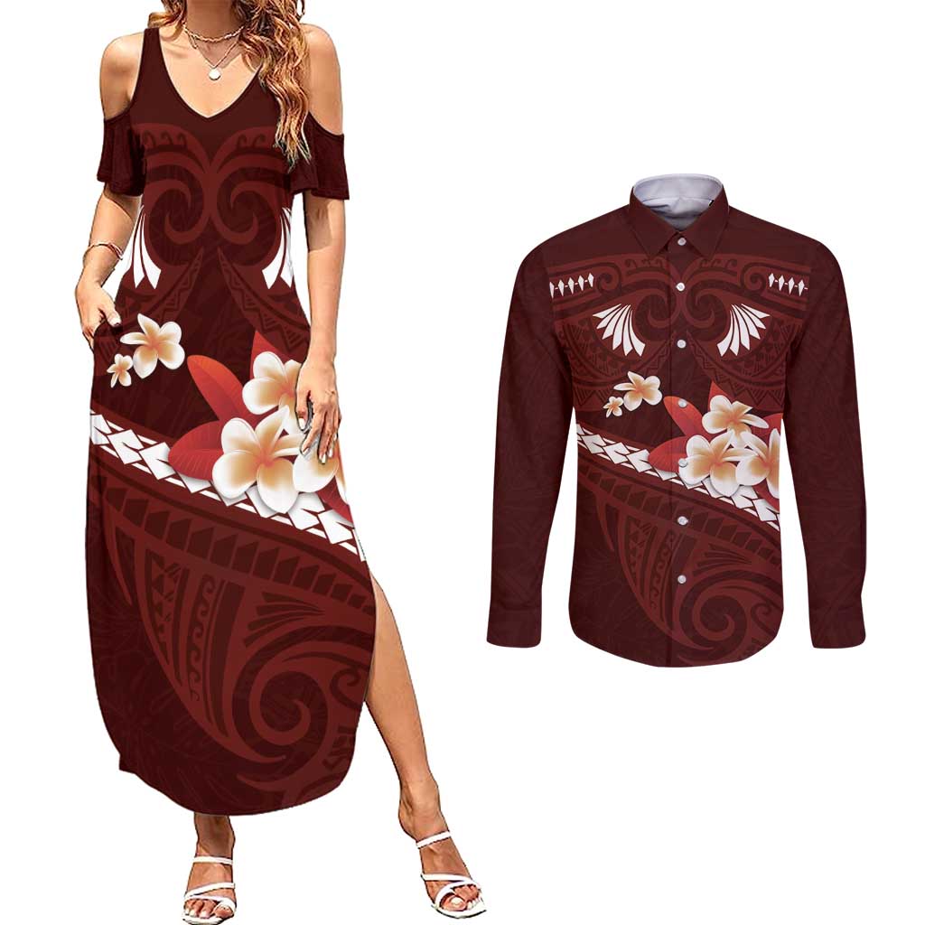 Oxblood Polynesia Couples Matching Summer Maxi Dress and Long Sleeve Button Shirt Tribal Pattern Tropical Frangipani