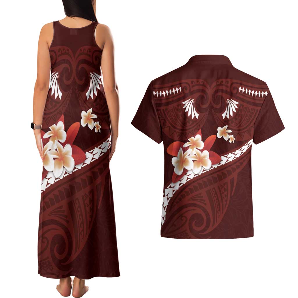 Oxblood Polynesia Couples Matching Tank Maxi Dress and Hawaiian Shirt Tribal Pattern Tropical Frangipani