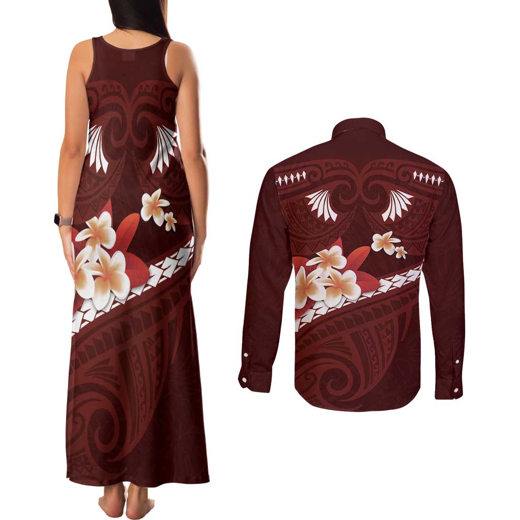 Oxblood Polynesia Couples Matching Tank Maxi Dress and Long Sleeve Button Shirt Tribal Pattern Tropical Frangipani