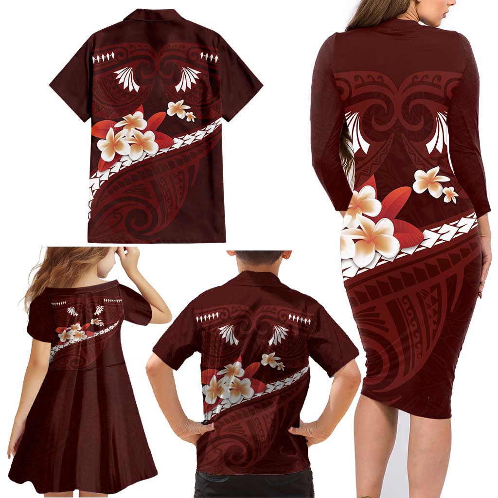 Oxblood Polynesia Family Matching Long Sleeve Bodycon Dress and Hawaiian Shirt Tribal Pattern Tropical Frangipani LT14 - Polynesian Pride