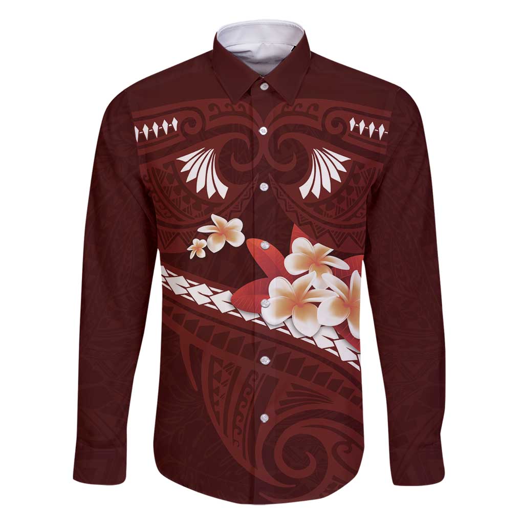 Oxblood Polynesia Family Matching Long Sleeve Bodycon Dress and Hawaiian Shirt Tribal Pattern Tropical Frangipani LT14 Dad's Shirt - Long Sleeve Oxblood - Polynesian Pride