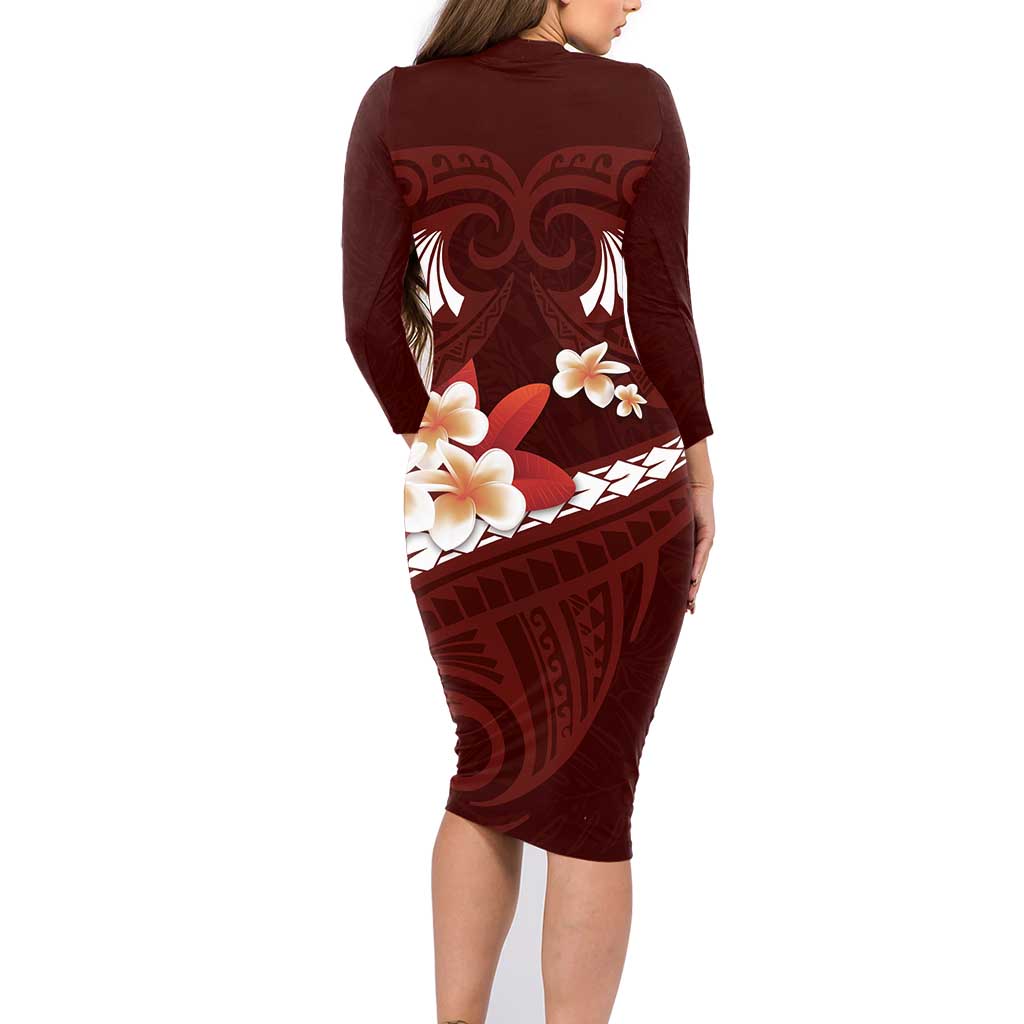 Oxblood Polynesia Family Matching Long Sleeve Bodycon Dress and Hawaiian Shirt Tribal Pattern Tropical Frangipani LT14 - Polynesian Pride