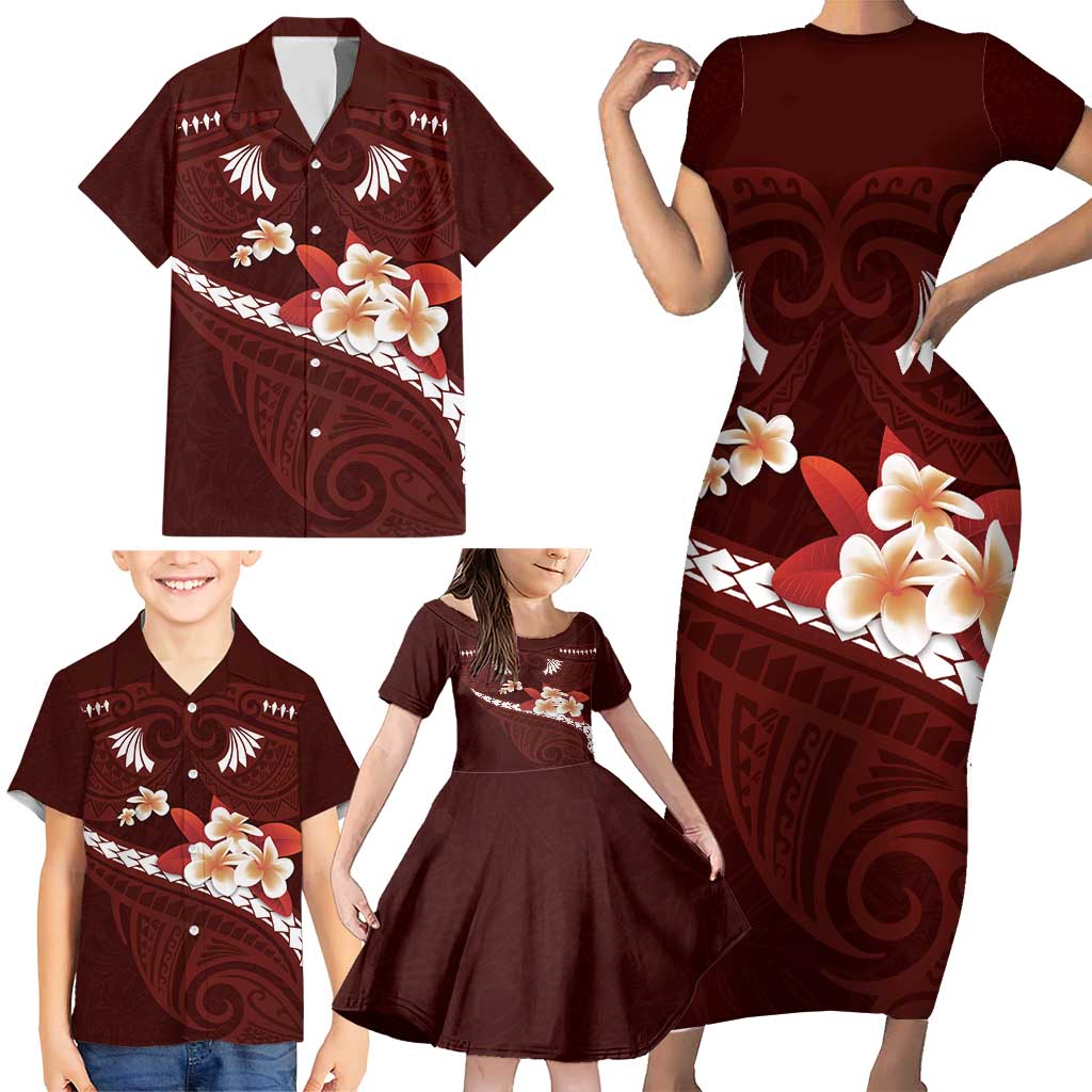 Oxblood Polynesia Family Matching Short Sleeve Bodycon Dress and Hawaiian Shirt Tribal Pattern Tropical Frangipani LT14 - Polynesian Pride