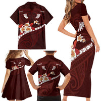Oxblood Polynesia Family Matching Short Sleeve Bodycon Dress and Hawaiian Shirt Tribal Pattern Tropical Frangipani LT14 - Polynesian Pride