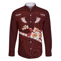 Oxblood Polynesia Family Matching Short Sleeve Bodycon Dress and Hawaiian Shirt Tribal Pattern Tropical Frangipani LT14 Dad's Shirt - Long Sleeve Oxblood - Polynesian Pride