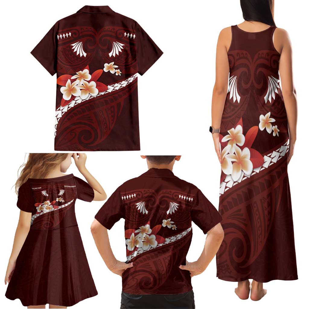 Oxblood Polynesia Family Matching Tank Maxi Dress and Hawaiian Shirt Tribal Pattern Tropical Frangipani