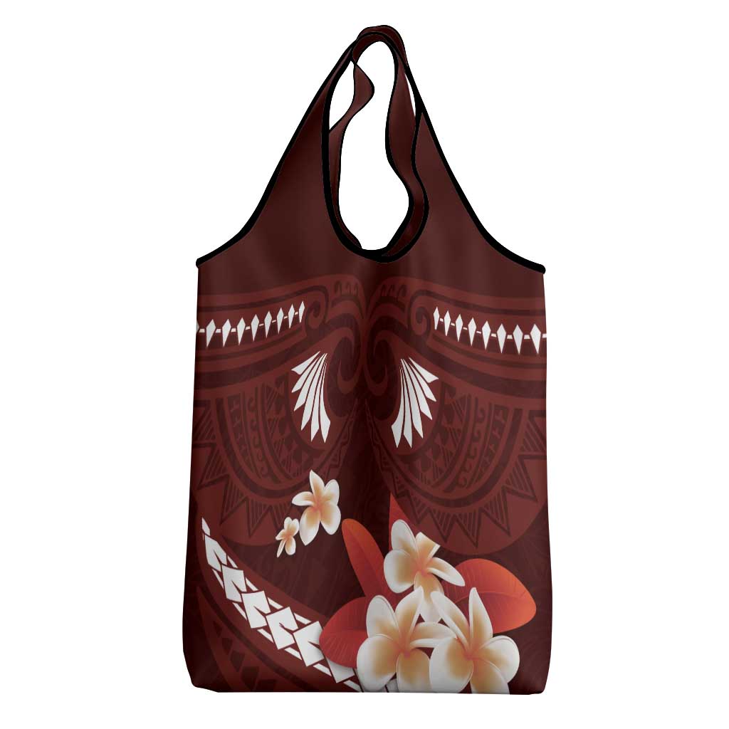 Oxblood Polynesia Grocery Bag Tribal Pattern Tropical Frangipani