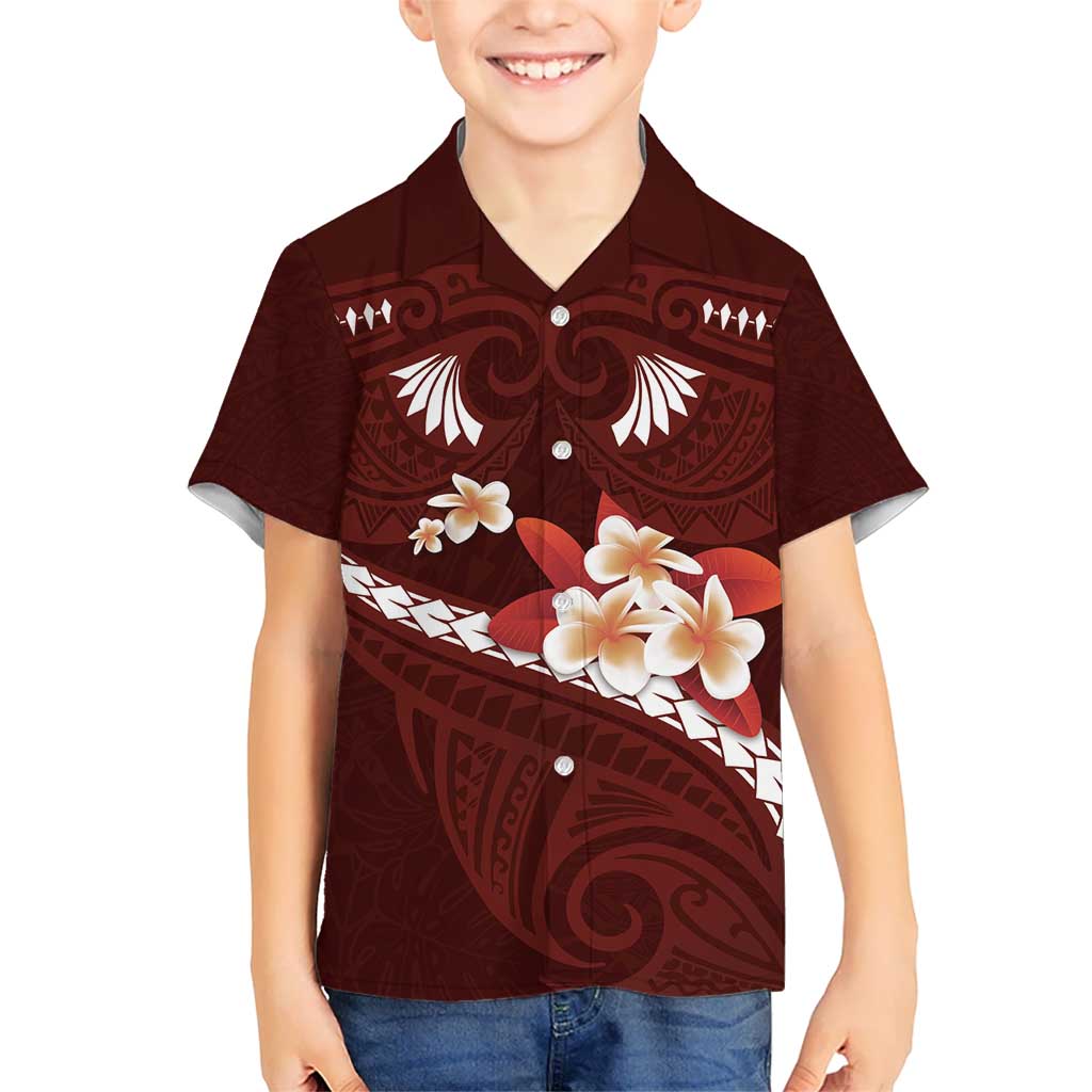 Oxblood Polynesia Kid Hawaiian Shirt Tribal Pattern Tropical Frangipani