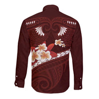 Oxblood Polynesia Long Sleeve Button Shirt Tribal Pattern Tropical Frangipani