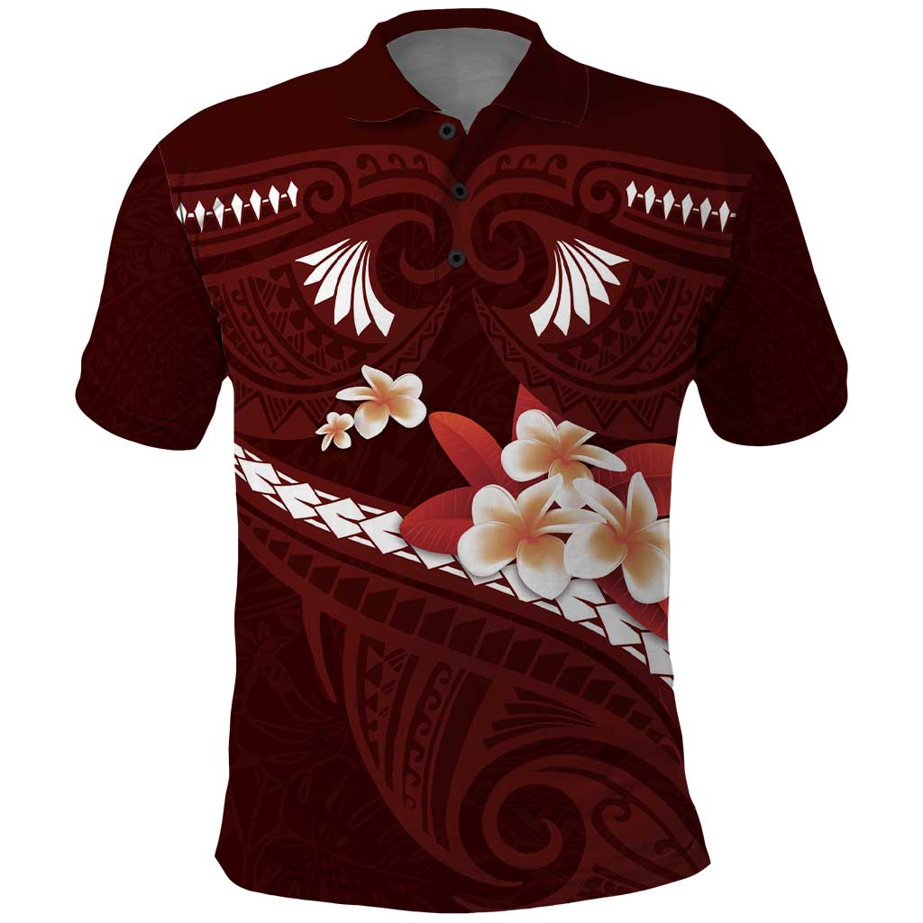 Oxblood Polynesia Polo Shirt Tribal Pattern Tropical Frangipani