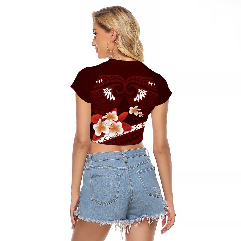Oxblood Polynesia Raglan Cropped T Shirt Tribal Pattern Tropical Frangipani