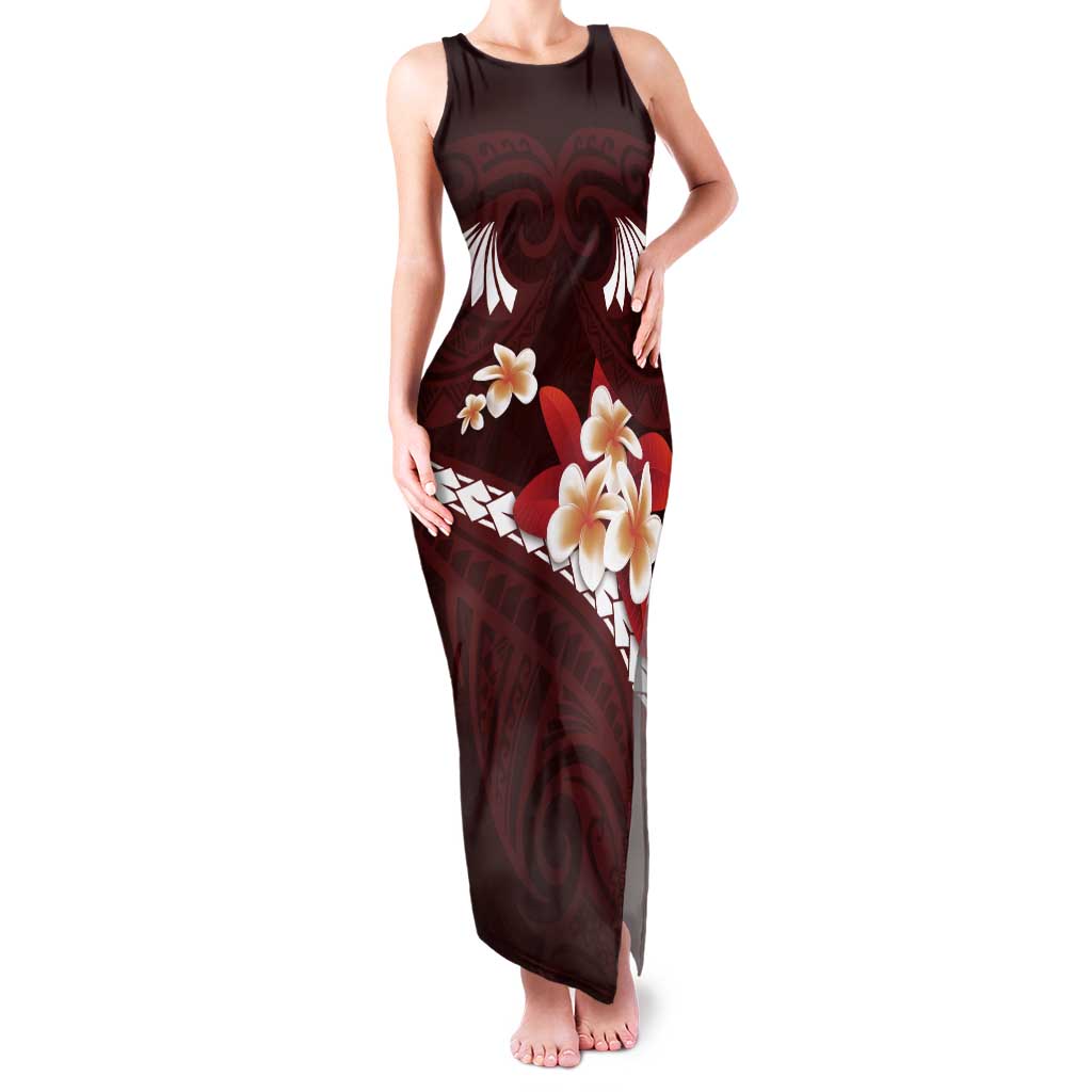 Oxblood Polynesia Tank Maxi Dress Tribal Pattern Tropical Frangipani