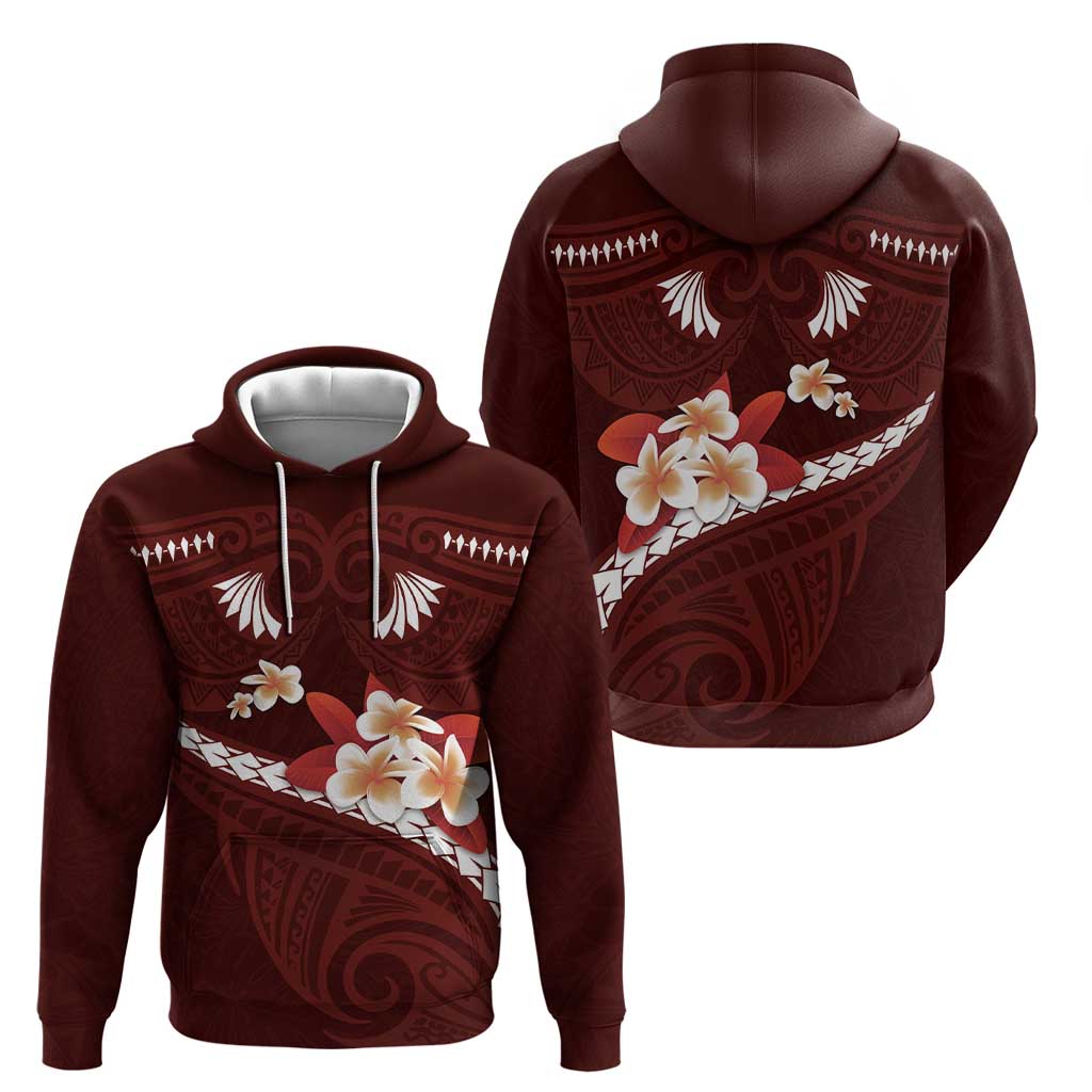 Oxblood Polynesia Zip Hoodie Tribal Pattern Tropical Frangipani