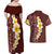 Oxblood Tropical Plumeria With Galaxy Polynesian Art Couples Matching Off Shoulder Maxi Dress and Hawaiian Shirt