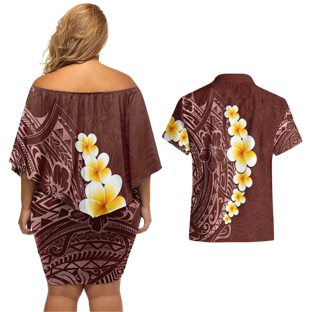 Oxblood Tropical Plumeria With Galaxy Polynesian Art Couples Matching Off Shoulder Short Dress and Hawaiian Shirt