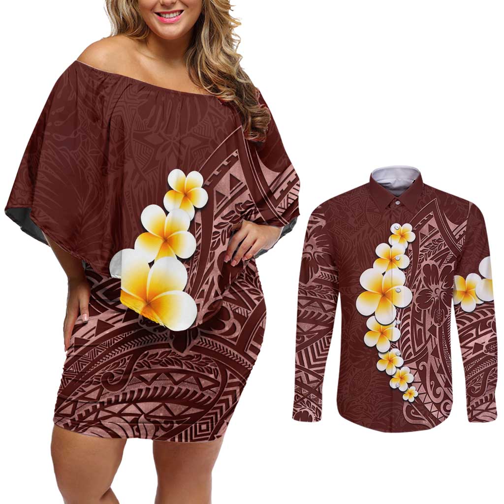 Oxblood Tropical Plumeria With Galaxy Polynesian Art Couples Matching Off Shoulder Short Dress and Long Sleeve Button Shirt
