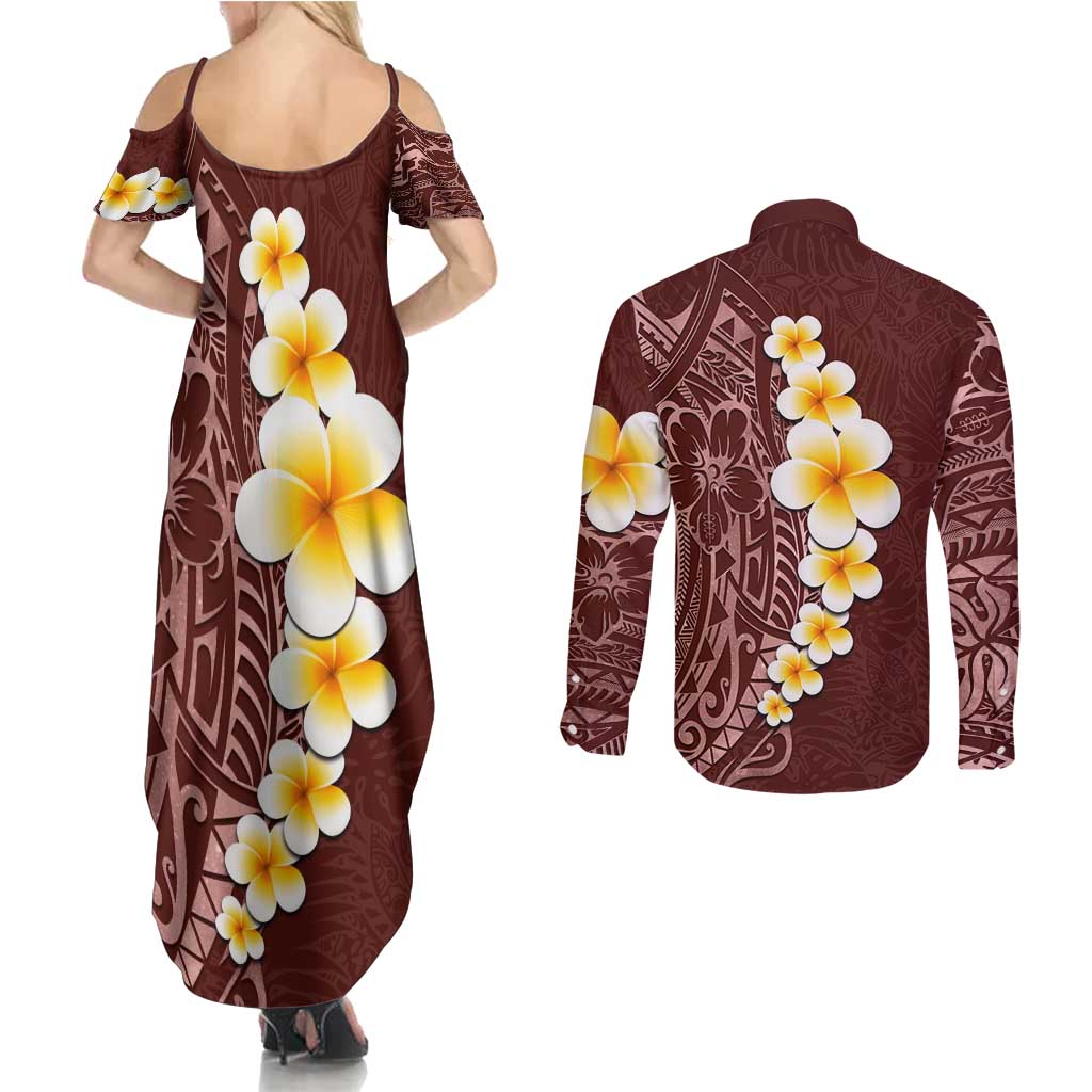 Oxblood Tropical Plumeria With Galaxy Polynesian Art Couples Matching Summer Maxi Dress and Long Sleeve Button Shirt