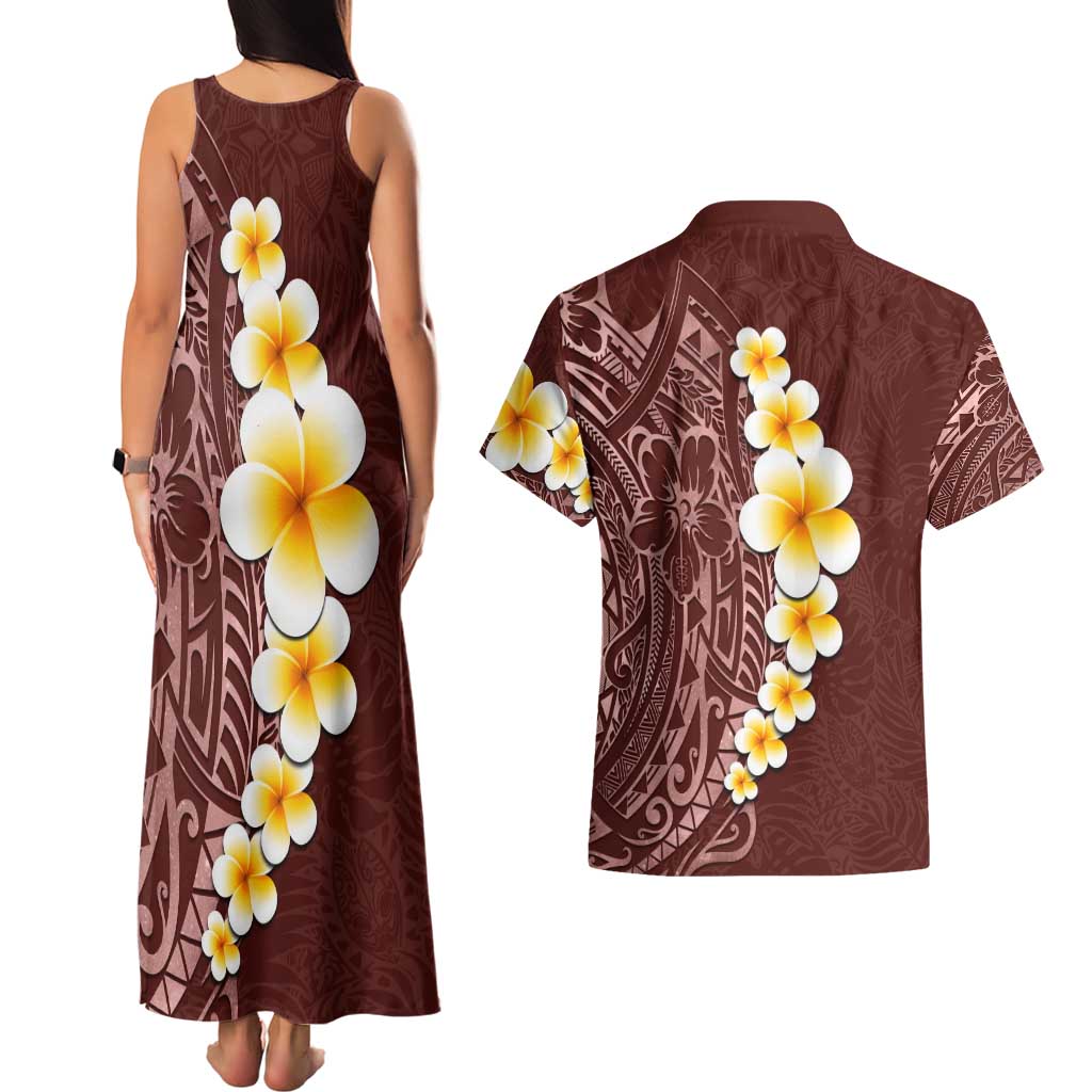 Oxblood Tropical Plumeria With Galaxy Polynesian Art Couples Matching Tank Maxi Dress and Hawaiian Shirt