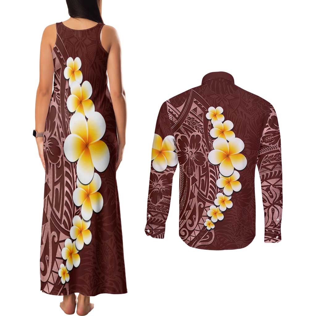 Oxblood Tropical Plumeria With Galaxy Polynesian Art Couples Matching Tank Maxi Dress and Long Sleeve Button Shirt
