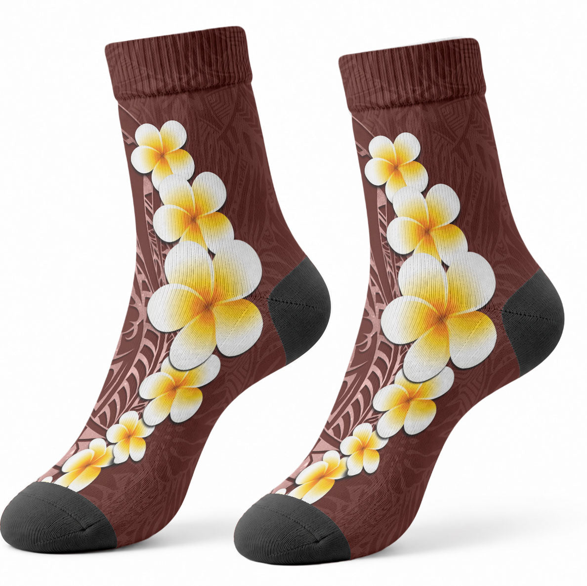 Oxblood Tropical Plumeria With Galaxy Polynesian Art Crew Socks LT14 - Polynesian Pride
