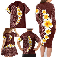 Oxblood Tropical Plumeria With Galaxy Polynesian Art Family Matching Long Sleeve Bodycon Dress and Hawaiian Shirt LT14 - Polynesian Pride