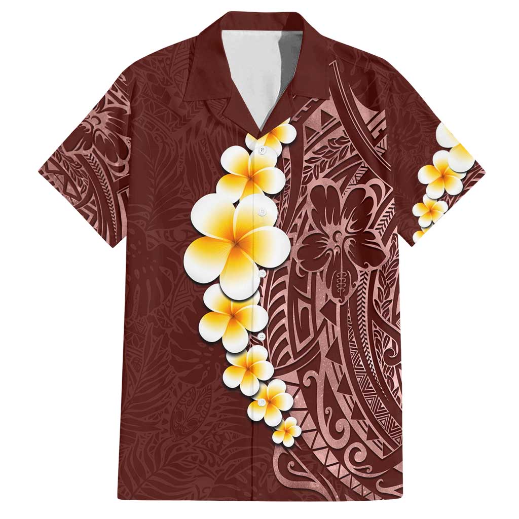 Oxblood Tropical Plumeria With Galaxy Polynesian Art Family Matching Long Sleeve Bodycon Dress and Hawaiian Shirt LT14 Dad's Shirt - Short Sleeve Oxblood - Polynesian Pride