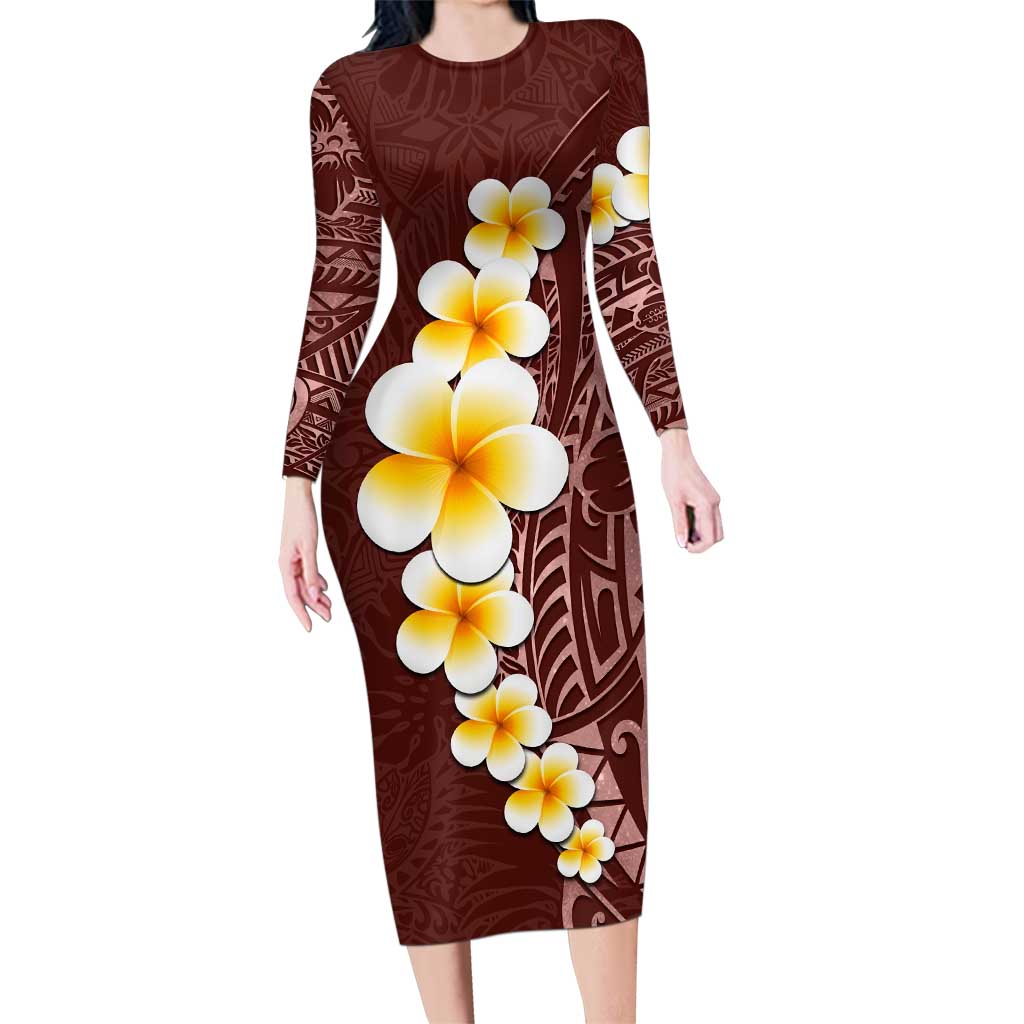 Oxblood Tropical Plumeria With Galaxy Polynesian Art Family Matching Long Sleeve Bodycon Dress and Hawaiian Shirt LT14 Mom's Dress Oxblood - Polynesian Pride