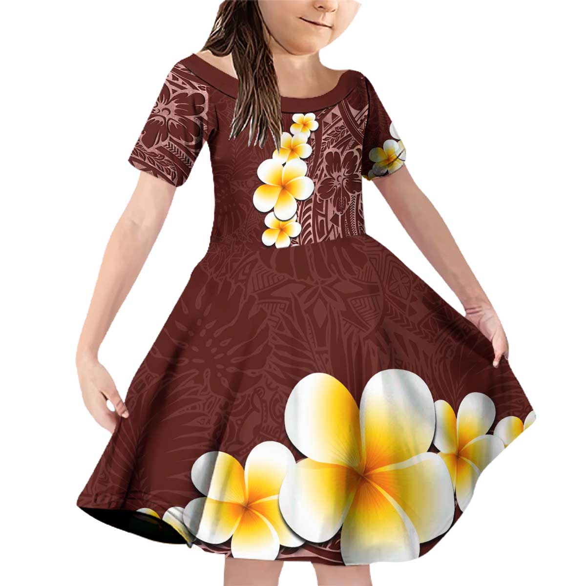 Oxblood Tropical Plumeria With Galaxy Polynesian Art Family Matching Off Shoulder Short Dress and Hawaiian Shirt