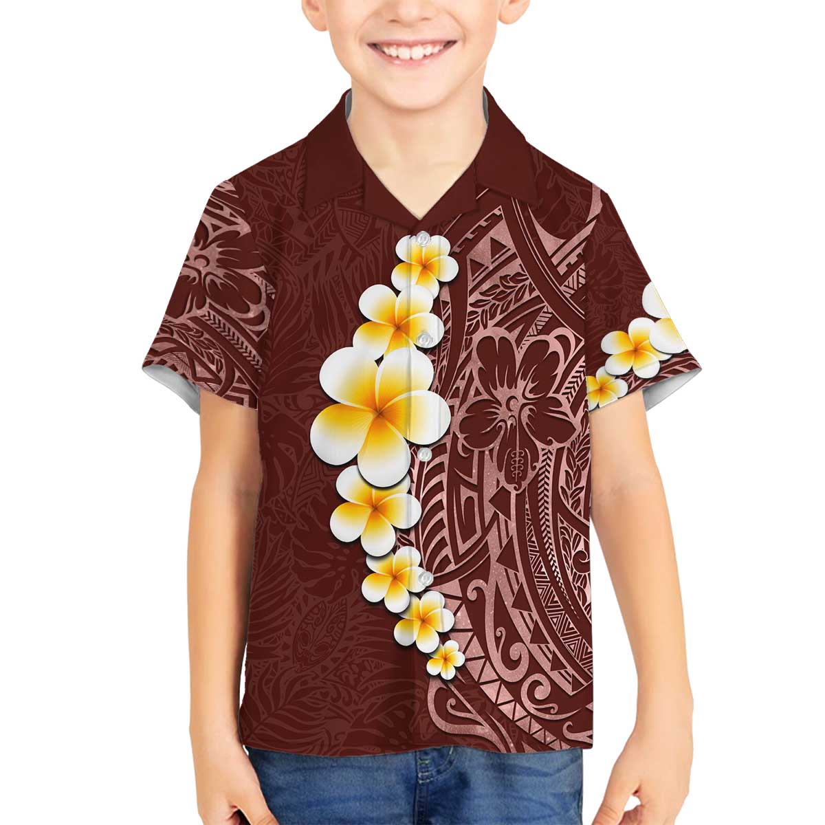 Oxblood Tropical Plumeria With Galaxy Polynesian Art Family Matching Puletasi and Hawaiian Shirt LT14 Son's Shirt Oxblood - Polynesian Pride