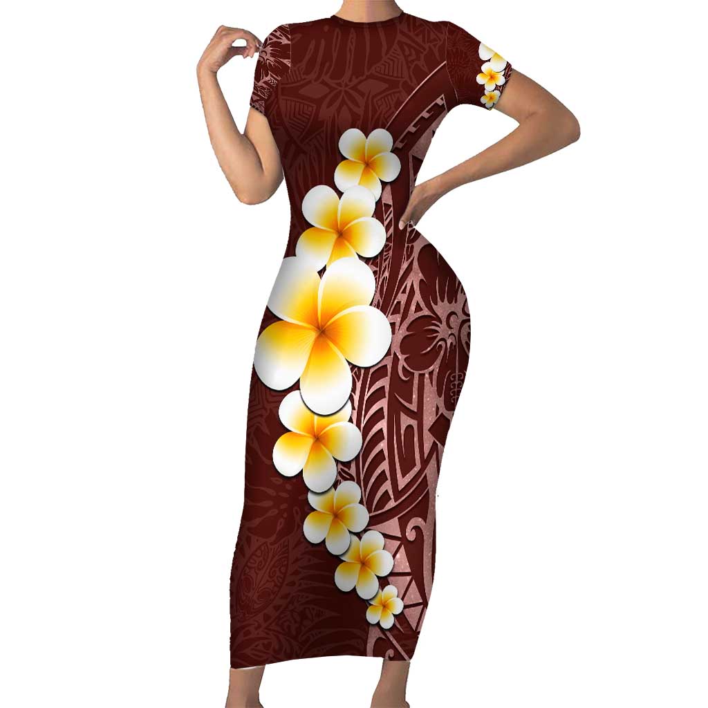 Oxblood Tropical Plumeria With Galaxy Polynesian Art Family Matching Short Sleeve Bodycon Dress and Hawaiian Shirt LT14 Mom's Dress Oxblood - Polynesian Pride