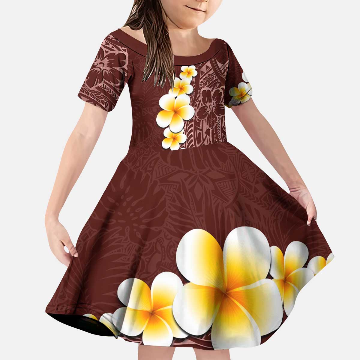 Oxblood Tropical Plumeria With Galaxy Polynesian Art Kid Short Sleeve Dress